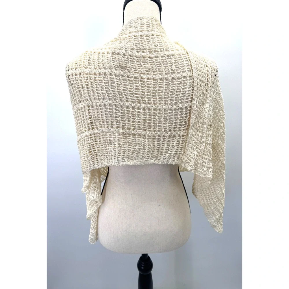 Vintage Hand Knit Open Crochet Scarf Shawl Wrap Ivory Cottage 17x80